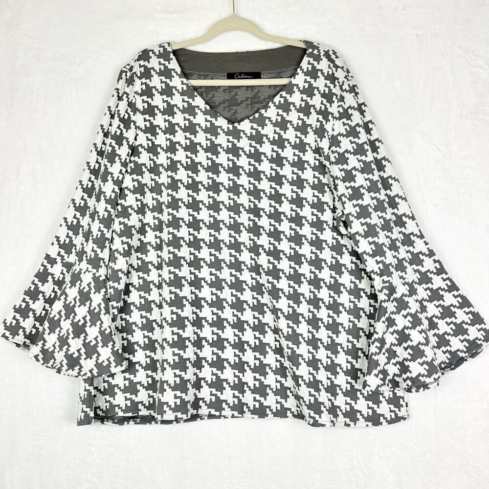 Calessa Houndstooth Flare Bell Sleeve Top Size 1X V-Neck Long Sleeve Gray White
